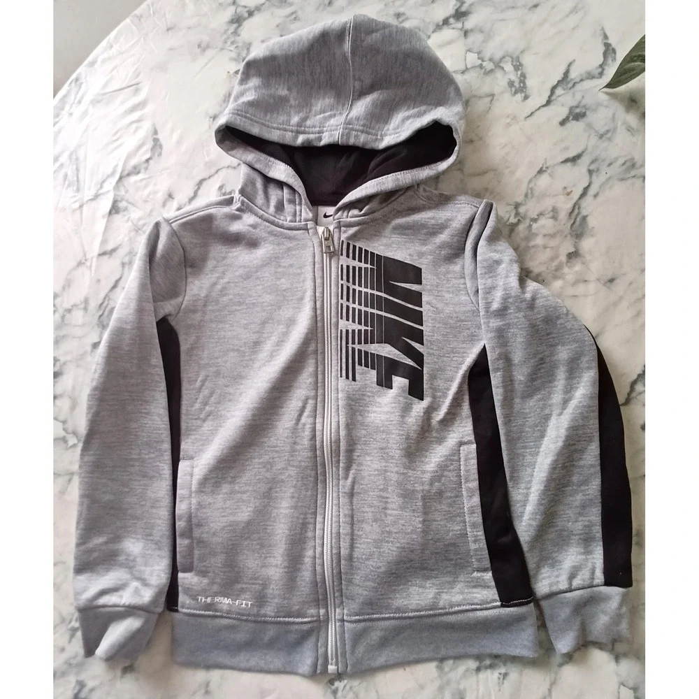 Nike Therma-FIT Hoodie Kids 4T Gray Black Full Zip Athletic Sweatshirt